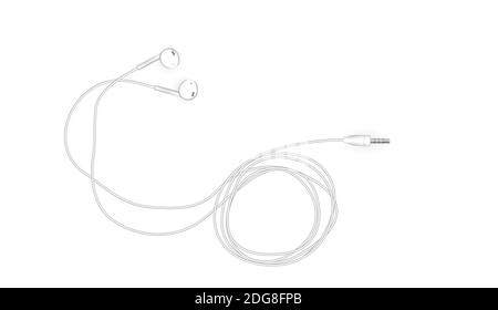 Neat stylish wired earbud headphones in white. Illustration. Stock Photo