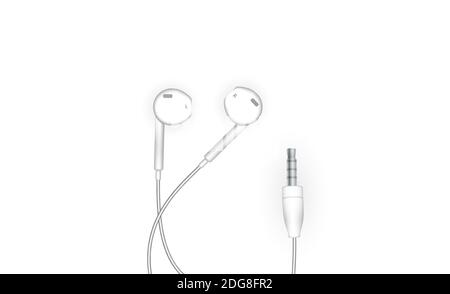 Neat stylish wired earbud headphones in white. Illustration. Stock Photo