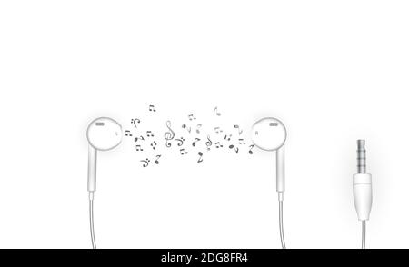 Neat stylish wired earbud headphones in white. Illustration. Stock Photo