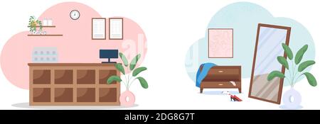 Interior flat color vector illustration set Stock Vector