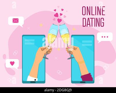Online dating concept. Hands holding sparkling wine Stock Vector