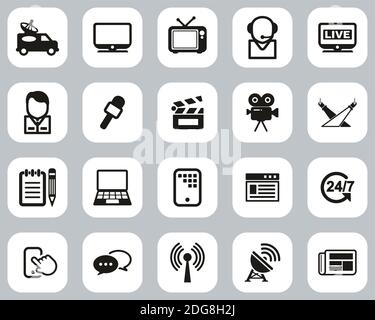 TV Station Icons Black & White Flat Design Set Big Stock Vector