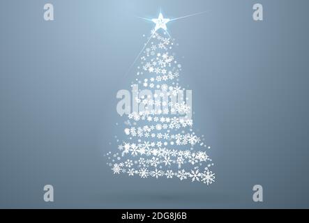 Christmas poster with christmas tree collected from snowflakes and a burning star. New Year's design. Elements for postcard, web greeting background. Stock Vector