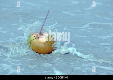 Kokosnuss mit Trinkhalm steht an einem tropischen Strand Stock Photo