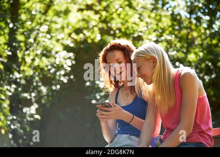 Happy preteen girl friends using smart phone below sunny trees Stock Photo