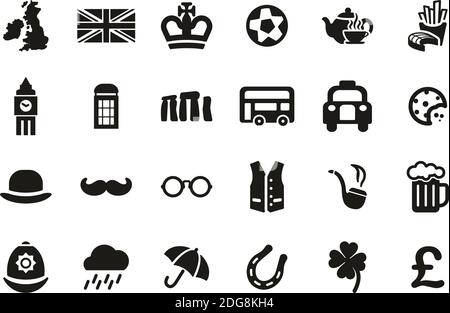 United Kingdom Country & Culture Icons Black & White Set Big Stock Vector