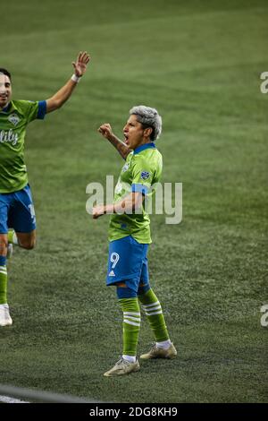 Seattle Sounders forward Raul Ruidiaz (9) reacts before his goal was overturned during the second half of the MLS Western Conference Finals at Lumen F Stock Photo