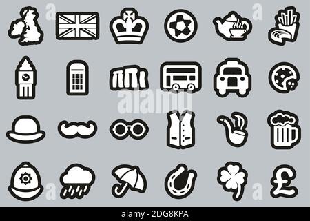 United Kingdom Country & Culture Icons White On Black Sticker Set Big Stock Vector