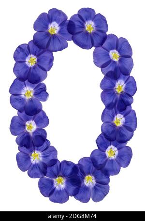 Arabic numeral 0, zero, from blue flowers of flax, isolated on white background Stock Photo