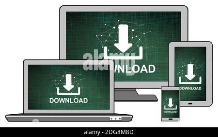 Download concept shown on different information technology devices Stock Photo