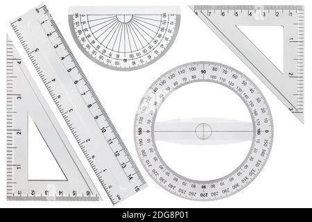 Set of drawing tools, ruler, protractor triangle, isolated on white background Stock Photo