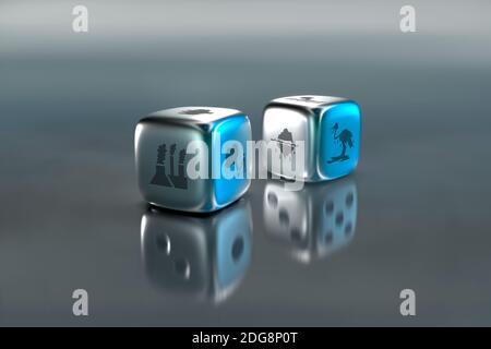 Pair of dice with environmental damage symbols Stock Photo