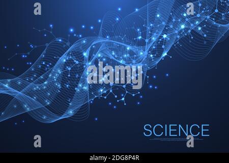 Molecular structure background. Science template wallpaper or banner with a DNA molecules. Asbtract scientific molecule background. Wave flow Stock Vector