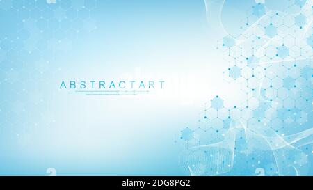 Molecular structure background. Science template wallpaper or banner with a DNA molecules. Asbtract scientific molecule background. Wave flow Stock Vector