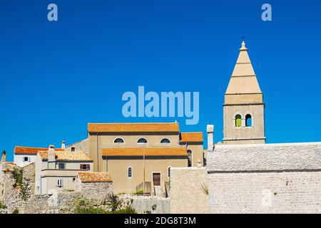 Church tower bell in old town of Lubenice on the high cliff, Cres island in Croatia Stock Photo