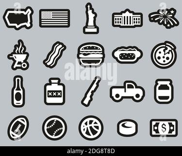 USA Country & Culture Icons White On Black Sticker Set Big Stock Vector