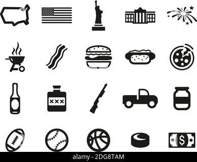 USA Country & Culture Icons Black & White Set Big Stock Vector