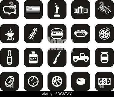 USA Country & Culture Icons White On Black Flat Design Set Big Stock Vector