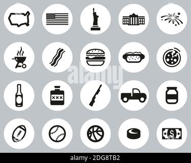 USA Country & Culture Icons Black & White Flat Design Circle Set Big Stock Vector