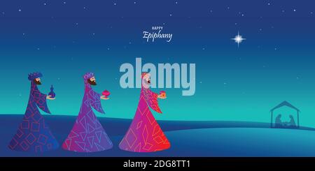 Vector illustration of Epiphany, a Christian festival. Jesus Christ soon after he was born. Abstract 3 kings looking at star in dark night background Stock Vector