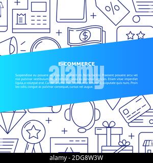 E-commerce banner in line style with place for text. Internet shopping poster with online commerce icons. Vector illustration. Stock Vector