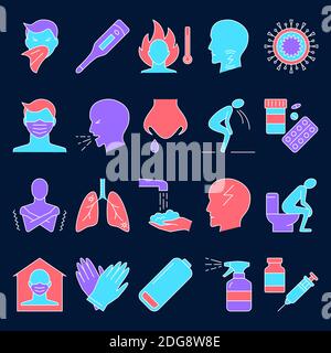 Respiratory disease icon set in line style. Flu and coronavirus signs collection. Vector illustration. Stock Vector