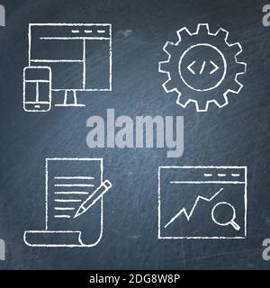 Chalkboard SEO icon set in line style. Search engine optimization, responsive design, web development and copywriting symbols on blackboard. Vector il Stock Vector