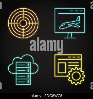Neon SEO icon set in line style. Landing page, website optimization, cloud hosting and target symbols. Vector illustration. Stock Vector