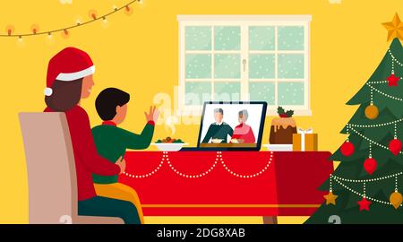 Families celebrating Christmas at home and connecting online on video call, the child is waving at the grandparents on the laptop screen while having Stock Vector