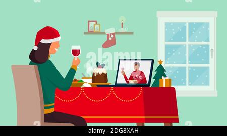 Couple celebrating Christmas on a video call, they are eating and toasting together, coronavirus covid-19 social distancing Stock Vector