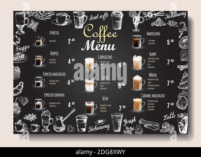 Coffee drinks menu price list on chalkboard for cafe, coffee shop vector template. Hand drawn cups, mugs. Hand lettering Stock Vector