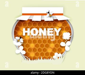 Natural floral honey jar, vector illustration in paper art style. Clover honey frame. Stock Vector