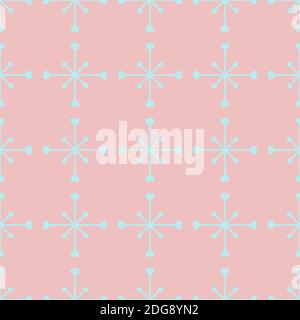 Pink seamless pattern with simple blue snowflakes for Christmas and New Year design, wrapping paper, wallpapers.  Stock Vector
