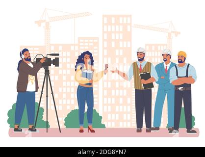 Female journalist, news reporter with microphone and cameraman interviewing builder workers, flat vector illustration. Stock Vector