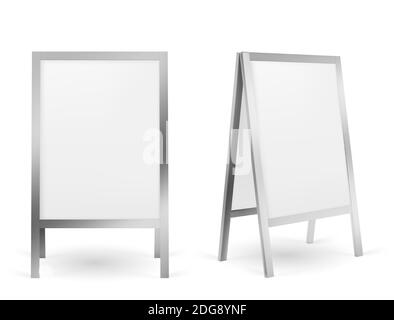 Pavement sign, blank sidewalk advertising stand isolated on white background. Vector realistic mockup of white sandwich board with metal frame, outdoor banner for menu, ad or announcement Stock Vector