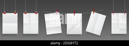 Folded posters hang on rope and pins, white paper blank sheets of wrinkled texture. Mockup for flyer, advertisement or letter with folds, crumpled torn pages, Realistic 3d vector illustration set Stock Vector