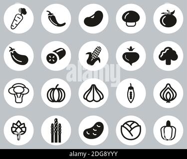 Vegetable Icons Black & White Flat Design Circle Set Big Stock Vector