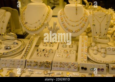 PARIS, FRANCE - Dec 07, 2018: A super nice Close up shot of jewlery behind a window front store, France Stock Photo