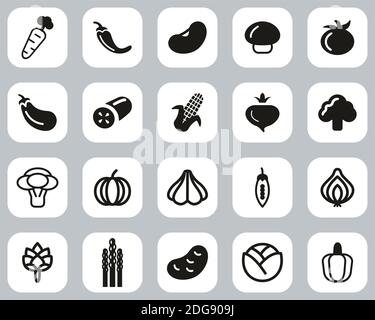 Vegetable Icons Black & White Flat Design Set Big Stock Vector