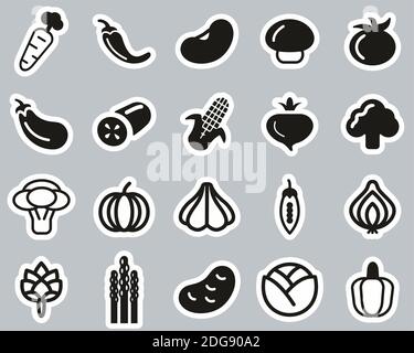 Vegetable Icons Black & White Sticker Set Big Stock Vector