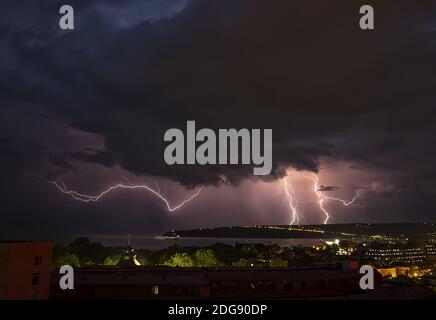 Powerful lightning strikes Stock Photo