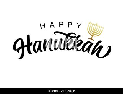 Happy Hanukkah lettering with golden menorah. Jewish festival of lights with gold menorah candles on white background. Holiday Hanuka vector card Stock Vector