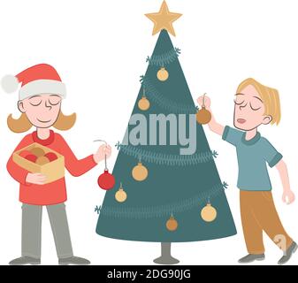 Retro style illustration of two kids decorating the Christmas tree. Stock Vector