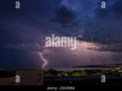 Powerful lightning strikes Stock Photo