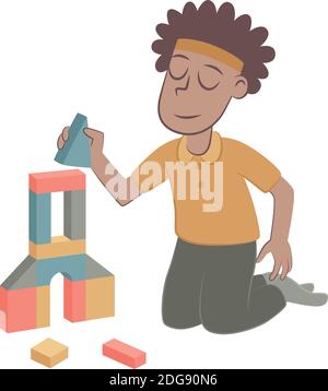 Retro style illustration of a black girl playing with a construction game. Stock Vector