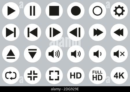 Video & Audio & Camera Button Icons Black & White Flat Design Circle Set Big Stock Vector