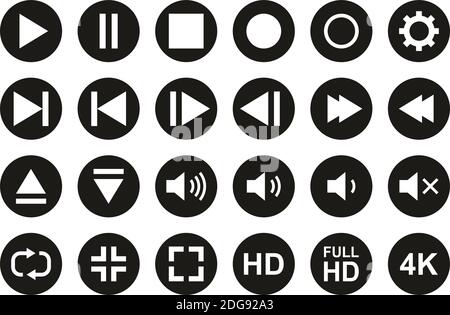 Video & Audio & Camera Button Icons White On Black Flat Design Circle Set Big Stock Vector