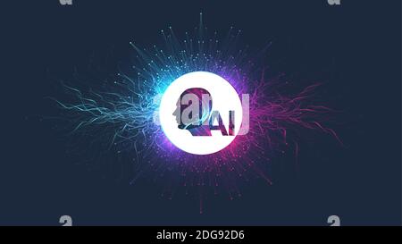 Artificial intelligence with Digital Brain, Neural Networks and Learning Processing Big Data, Machine Learning concept. Binary data flow on blue Stock Vector