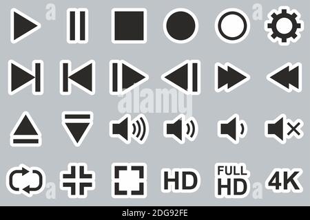 Video & Audio & Camera Button Icons Black & White Sticker Set Big Stock Vector