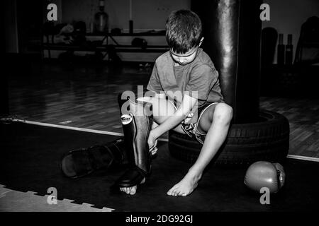 Russia. Vyborg. 11.11.2020 Children in the gym at a training session in Thai boxing. Open training. High quality photo Stock Photo